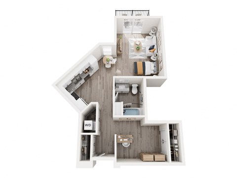a stylized floor plan with a bedroom and a bathroom